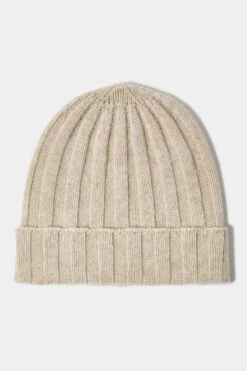 Beige Cashmere Rib Knit Beanie - Made In Italy