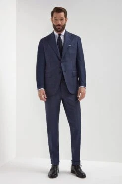 Blue Avio Prince Of Wales Full Canvas Suit - Made In Italy