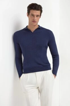 Blue Thin Rib Long Sleeve Polo - Made In Italy