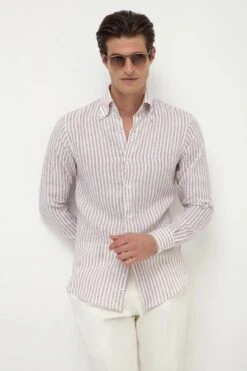 Beige Striped Linen Button Down Shirt - Made In Italy