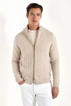 Beige Cable Knit Cashmere Blend Full Zip – Made In Italy