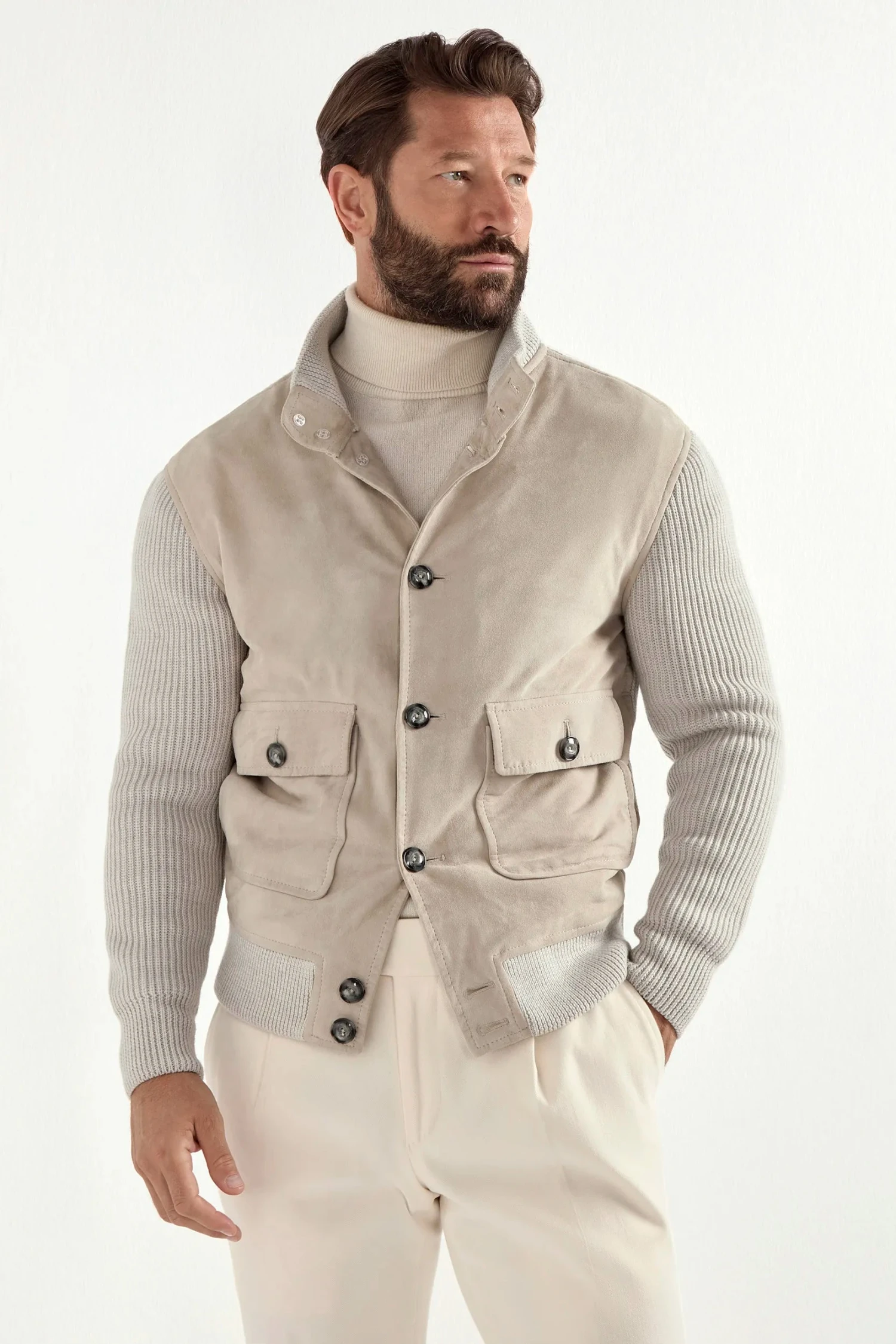 Beige Suede And Knit Bomber - Made In Italy 3 Beige Suede And Knit Bomber - Made In Italy