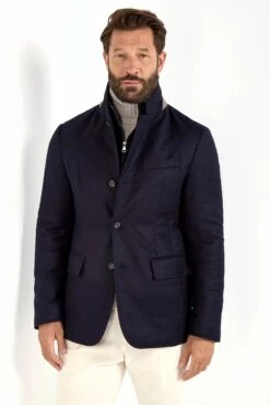Blue Down Jacket In Wool & Cashmere – Made In Italy
