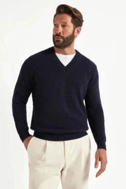 Blue Ribbed V-neck Sweater - Made In Italy