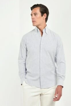 Blue Striped Brushed Cotton Button Down Shirt - Made In Italy