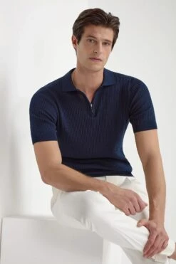 Blue Thin Rib Zipped Polo - Made In Italy
