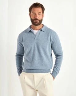 Dusty Blue Wool Polo - Made In Italy