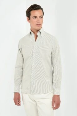 Grey Striped Brushed Cotton Button Down Shirt - Made In Italy