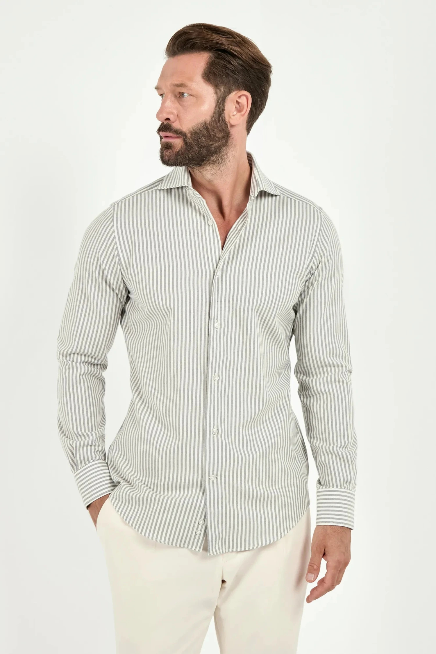 Grey Striped Cotton And Cashmere Shirt - Made In Italy 3 Grey Striped Cotton And Cashmere Shirt - Made In Italy