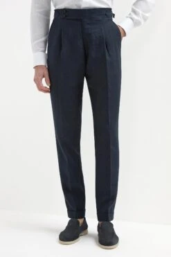 Navy Blue Linen Soragna Trousers - Made In Italy