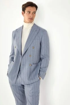Dusty Blue Striped Double Breasted Suit - Made In Italy