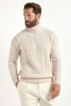 Beige Cable Knit Turtleneck – Made In Italy