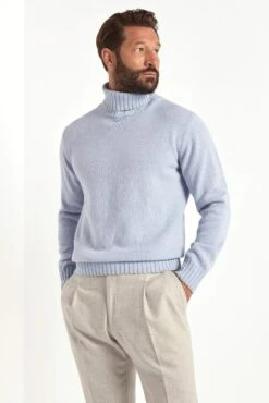Light Blue Turtleneck With Collar Detail – Made In Italy