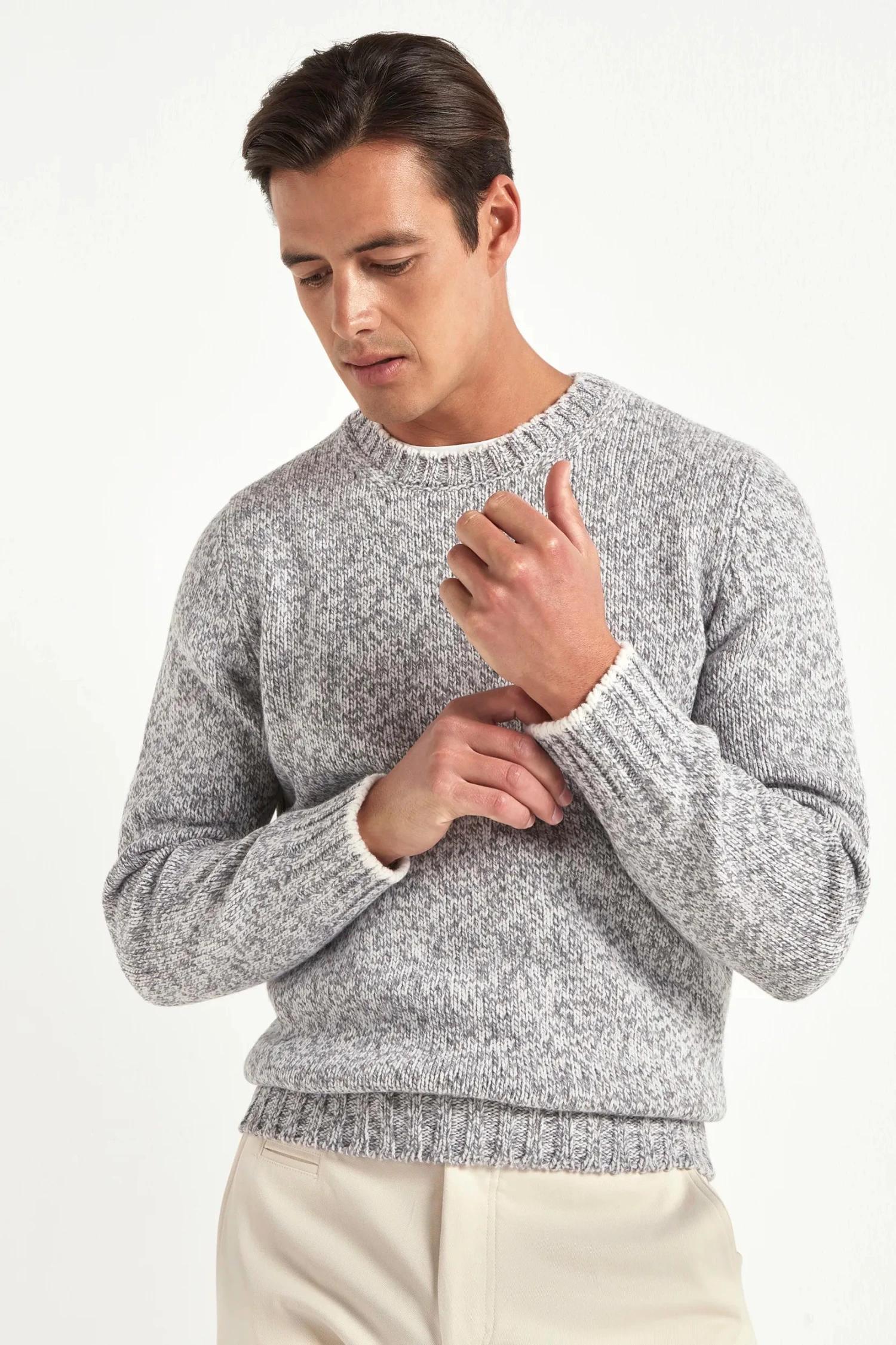 Light Grey Mouline Round Neck - Made In Italy 3 Light Grey Mouline Round Neck - Made In Italy