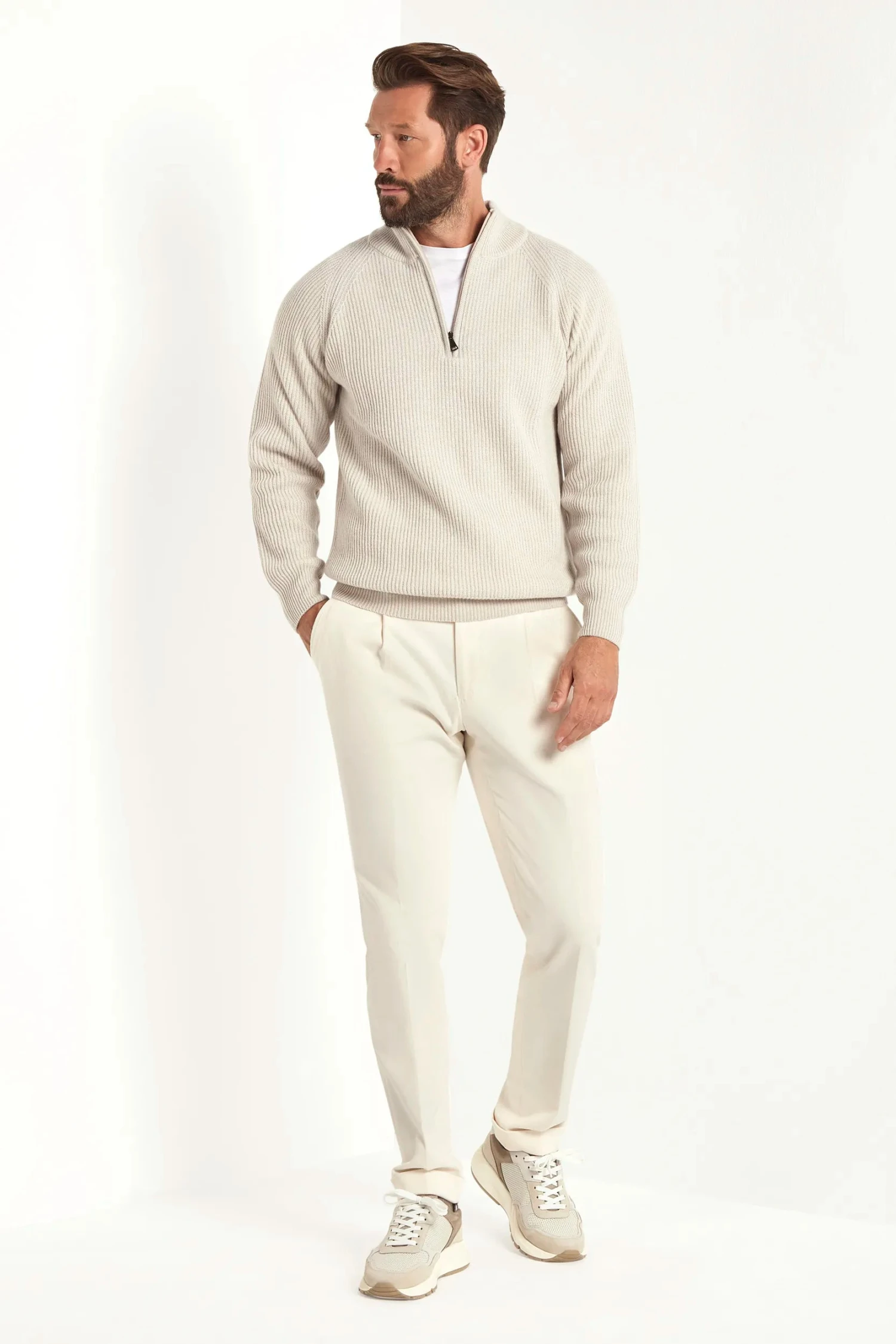 Sand Cashmere Blend Ribbed Half Zip - Made In Italy 4 Sand Cashmere Blend Ribbed Half Zip - Made In Italy - Image 2