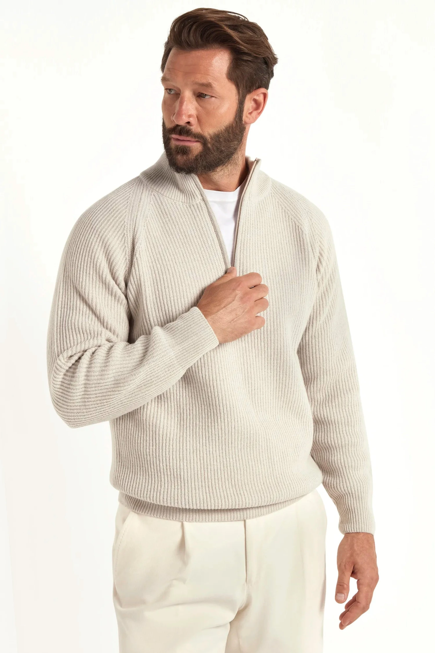 Sand Cashmere Blend Ribbed Half Zip - Made In Italy 3 Sand Cashmere Blend Ribbed Half Zip - Made In Italy