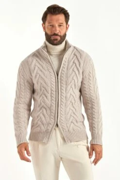 Sand Jacquard Full Zip Cardigan - Made In Italy
