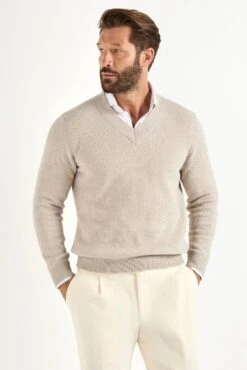 Sand Ribbed V-neck Sweater - Made In Italy
