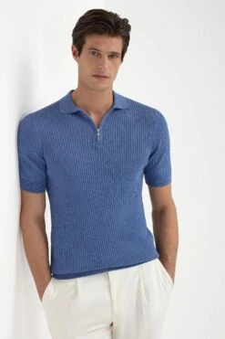 Sky Blue Thin Rib Zipped Polo - Made In Italy