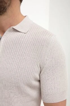 Stone Thin Rib Zipped Polo - Made In Italy -Pini Parma Clothing Store Stone thin rib zipped polo 3