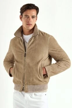 Taupe Suede Bomber With Shearling Collar - Made In Italy