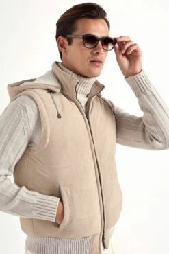 Taupe Suede Padded Vest - Made In Italy