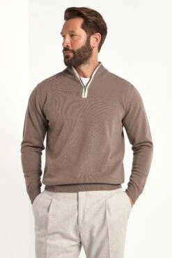 Taupe Wool And Cashmere Half Zip - Made In Italy
