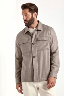 Taupe Wool And Cashmere Shirt Jacket - Made In Italy