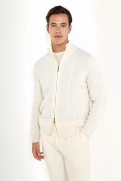 White Cable Knit Cashmere Blend Full Zip – Made In Italy