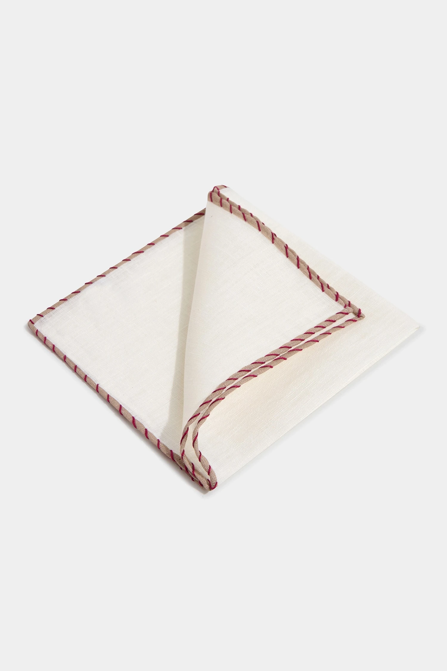 White Linen Pocket Square With Beige And Red Edges - Made In Italy 3 White Linen Pocket Square With Beige And Red Edges - Made In Italy