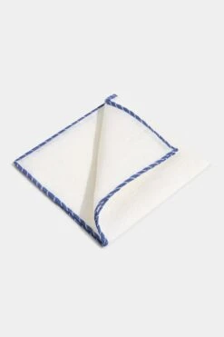 White Linen Pocket Square With Blue And Light Blue Edges - Made In Italy