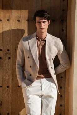 Beige Double Breasted Linen Cotton And Silk Jacket - Made In Italy