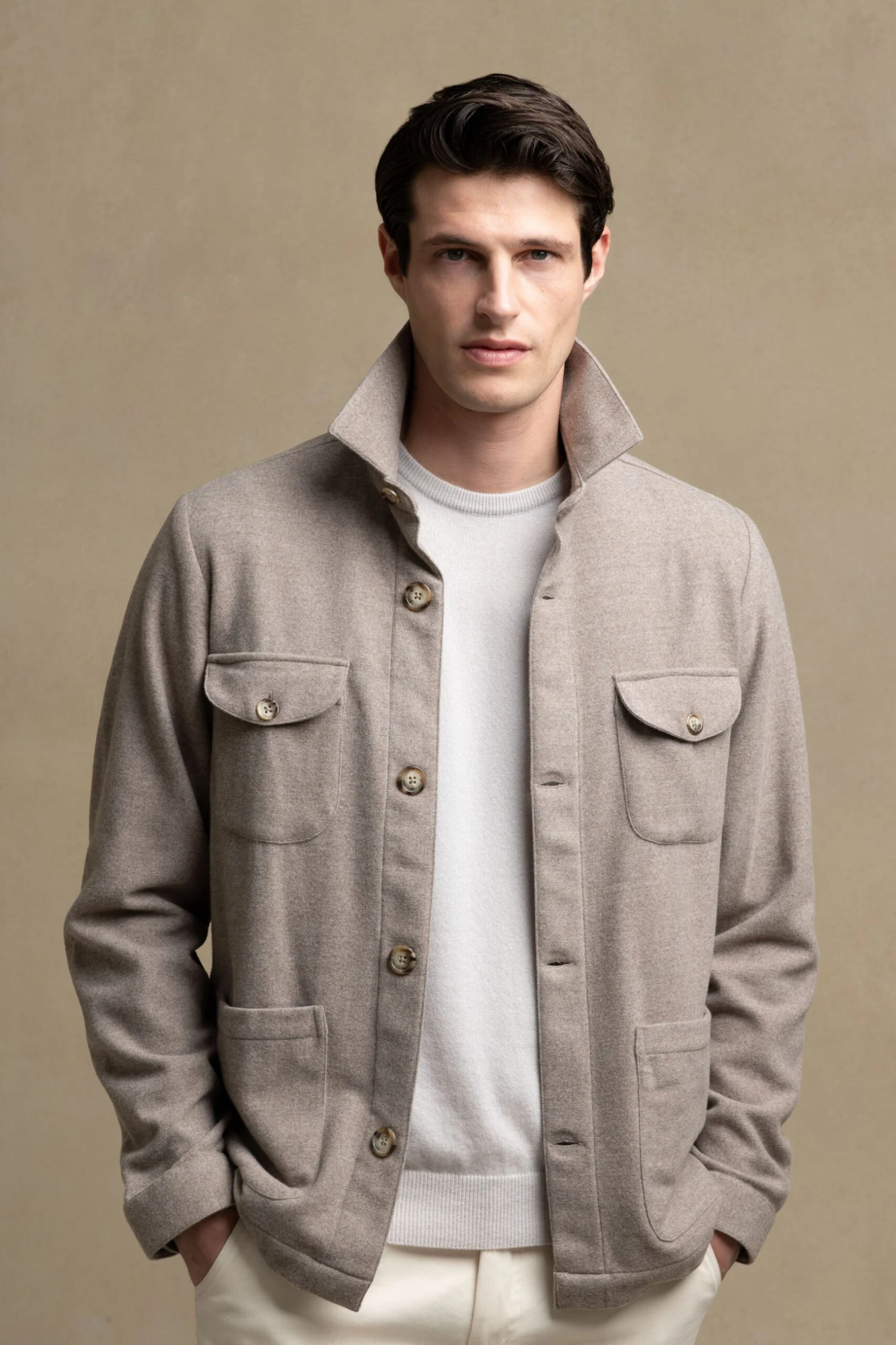 Beige Safari Jacket Flannel Super 180s – Made In Italy 5 Beige Safari Jacket Flannel Super 180s – Made In Italy - Image 3