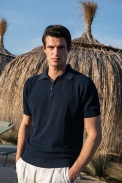 Blue Textured Knit Polo With Zip - Made In Italy -Pini Parma Clothing Store blue cotton polo zip 1