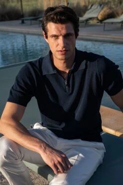 Blue Textured Knit Polo With Zip - Made In Italy
