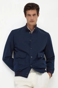 Blue Cotton And Silk Bomber - Made In Italy