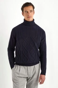 Blue Jacquard Patterned Turtleneck – Made In Italy