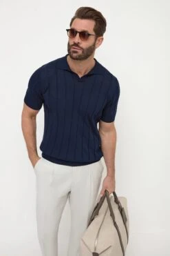 Blue Ribbed Polo - Made In Italy
