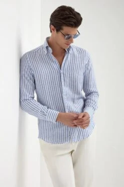 Blue Striped Linen Button Down Shirt - Made In Italy