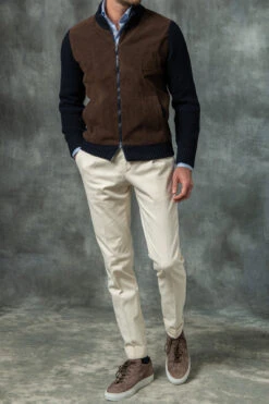 Blue And Brown Cardigan - Alcantara & Wool - Made In Italy