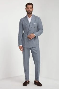 Dusty Blue Pinstripe Double Breasted Super 150's Suit - Made In Italy