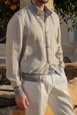 Sky Grey And Beige Reversible Bomber Jacket – Made In Italy