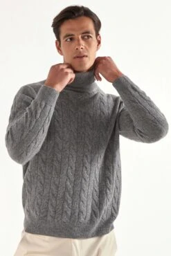 Mid Grey Cable Knit Turtleneck – Made In Italy -Pini Parma Clothing Store grey cable turtleneck 2