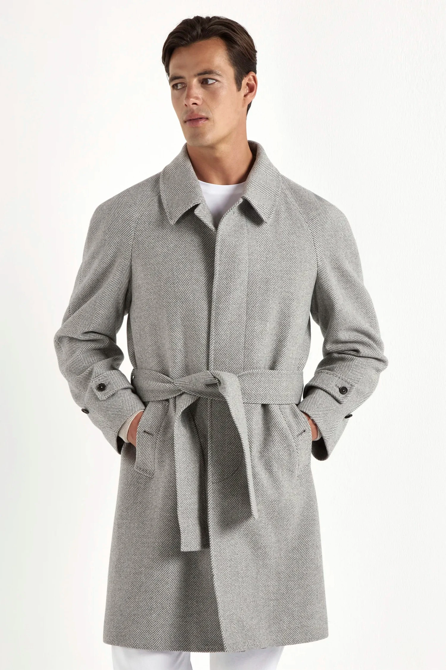 Grey Herringbone Raglan Coat – Made In Italy 3 Grey Herringbone Raglan Coat – Made In Italy