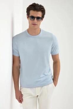 Light Blue Cotton T-shirt With Collar Detail - Made In Italy
