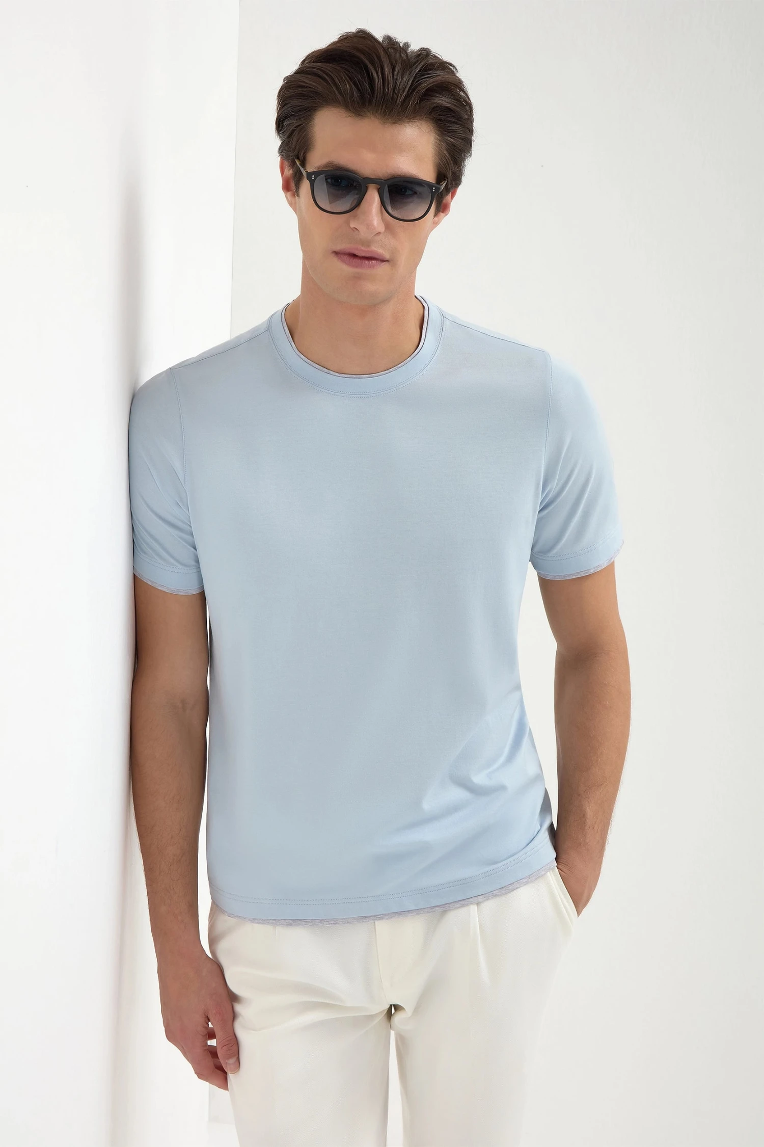 Light Blue Cotton T-shirt With Collar Detail - Made In Italy 3 Light Blue Cotton T-shirt With Collar Detail - Made In Italy