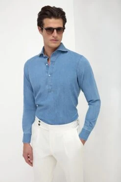 Light Blue Denim Popover Shirt - Made In Italy