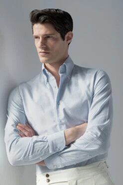 Light Blue Striped Soft Oxford Button Down Shirt - Made In Italy