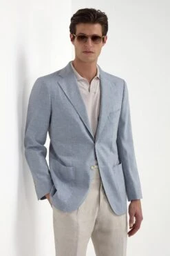 Light Blue Wool And Linen Jacket - Made In Italy