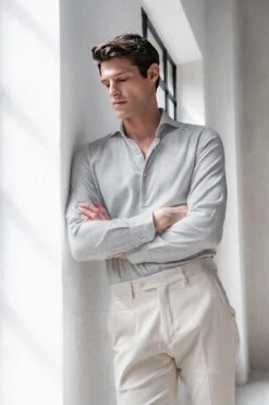 Light Grey Herringbone Cotton And Tencel™ Shirt - Made In Italy